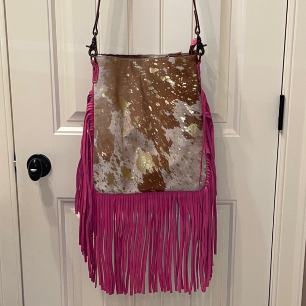 AMERICAN DARLING Cowhide Pink Fringe Leather Purse!